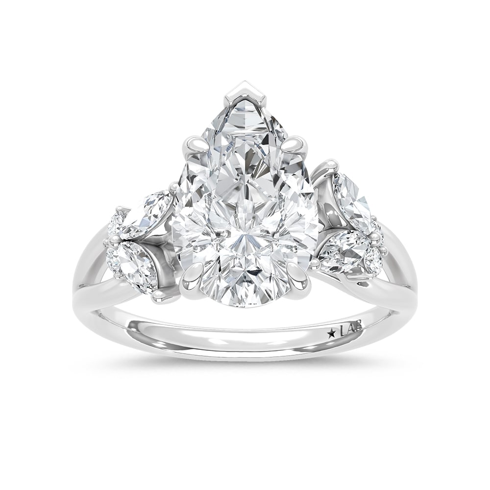 14K White Gold Lab Grown Diamond 2 1/3 Ct.Tw. Pear Shape Engagement Ring (Center 3 ct): 14K White Gold Lab Grown Diamond 2 1/3 Ct.Tw. Pear Shape Engagement Ring (Center 3 ct) 14k White Gold Stone Color: D-f Stone Clarity: Vs Each ring is presented in standard size 6.5. Complimentary resi