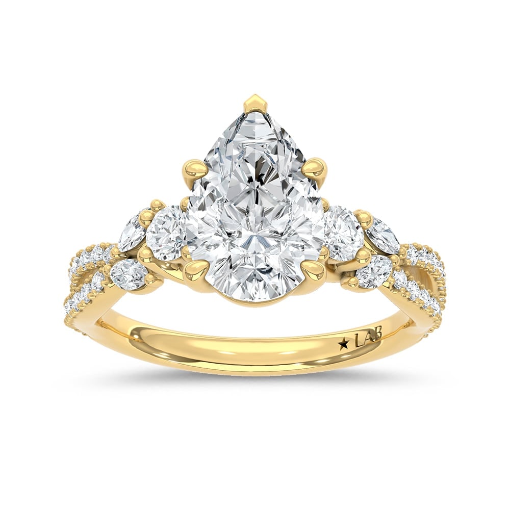 14K Yellow Gold Lab Grown Diamond 2 1/2 Ct.Tw. Pear Shape Engagement Ring: 14K Yellow Gold Lab Grown Diamond 2 1/2 Ct.Tw. Pear Shape Engagement Ring 14k Yellow Gold Stone Color: D-f Stone Clarity: Vs Each ring is presented in standard size 6.5. Complimentary resizing is avai