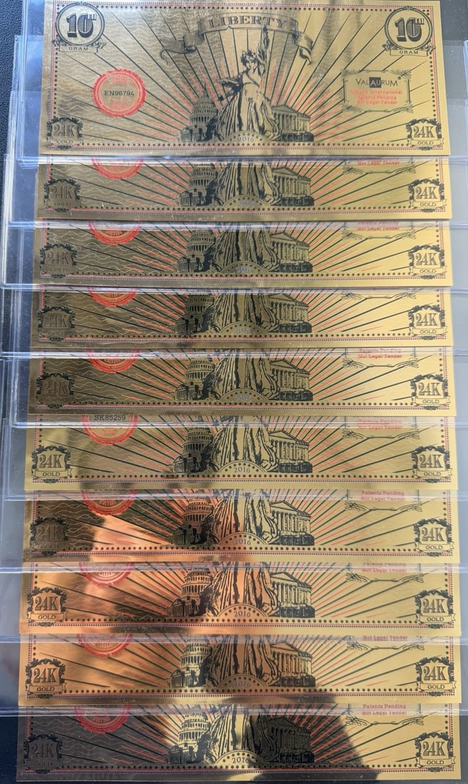 Set of 10 Valaurum 1/10 Gram 2016 Gold Liberty Notes Limited Edition: Set of 10 Valaurum 1/10 Gram 2016 Gold Liberty Notes Limited Edition This listing includes ten 2016 Valaurum Gold Notes, each crafted with proprietary 24K gold leaf. Each note contains 1/10 gram of fi