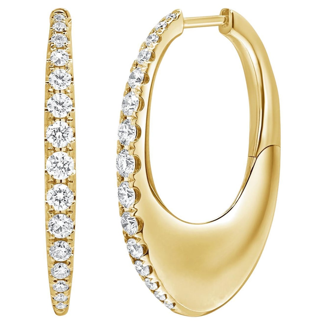Harbor Diamonds 14K Yellow Gold Graduated Diamond Hoop Earrings 1.08 Carats: Harbor Diamonds 14K Yellow Gold Graduated Diamond Hoop Earrings 1.08 Carats Elevate your elegance with these stunning Graduated Diamond Oval Shape Hoop Earrings. Crafted from 14 karat yellow gold, the