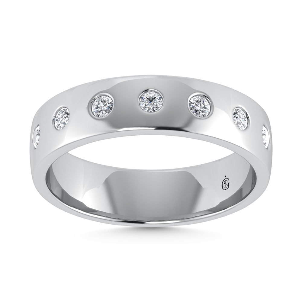 14K White Gold Diamond 1 Ct.Tw. Bezel Set Mens Machine Band: 14K White Gold Diamond 1 Ct.Tw. Bezel Set Mens Machine Band 14k White Gold Stone Color: G-h Stone Clarity: Si2 Each ring is presented in standard size 6.5. Complimentary resizing is available between 