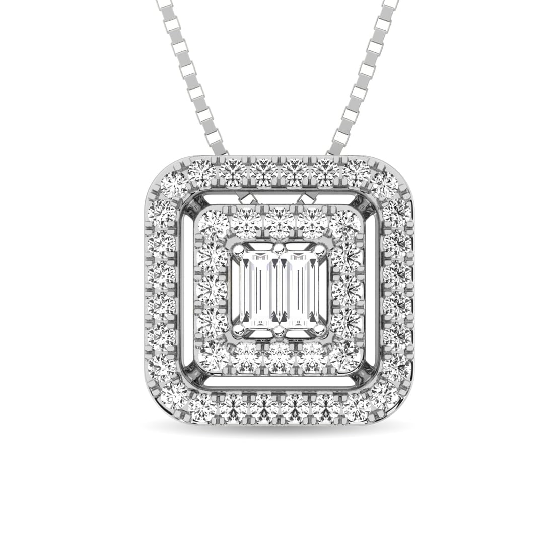 Diamond 1/4 Ct.Tw. Round and Baguette Fashion Pendant in 10K White Gold: Diamond 1/4 Ct.Tw. Round and Baguette Fashion Pendant in 10K White Gold 10k White Gold Stone Color: G-h Stone Clarity: I1 Unless otherwise specified, pendants that include a chain are paired with our 