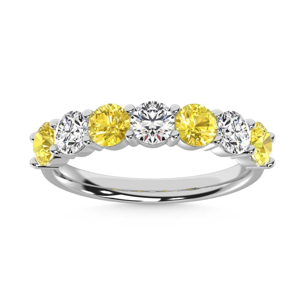 14K White Gold 1 Ct.Tw. 7 Stone Alternate White and Yellow Lab Grown Diamond Band: 14K White Gold 1 Ct.Tw. 7 Stone Alternate White and Yellow Lab Grown Diamond Band 14k White Gold Stone Color: D-f Stone Clarity: Vs Each ring is presented in standard size 6.5. Complimentary resizing 