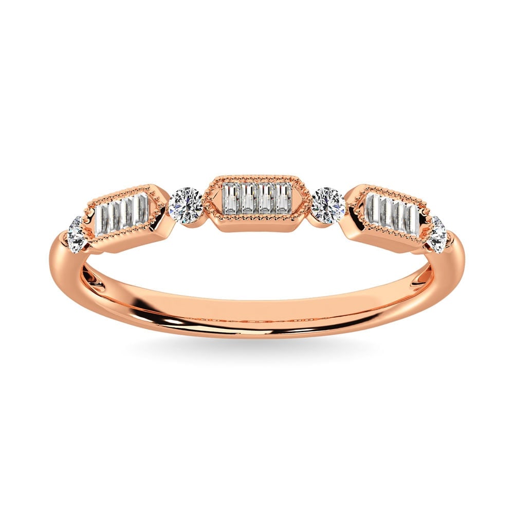 Diamond 1/5 Ct.Tw. Anniversary Band in 14K Rose Gold: Diamond 1/5 Ct.Tw. Anniversary Band in 14K Rose Gold 14k Rose Gold Stone Color: G-h Stone Clarity: I2 Each ring is presented in standard size 6.5. Complimentary resizing is available between sizes 510