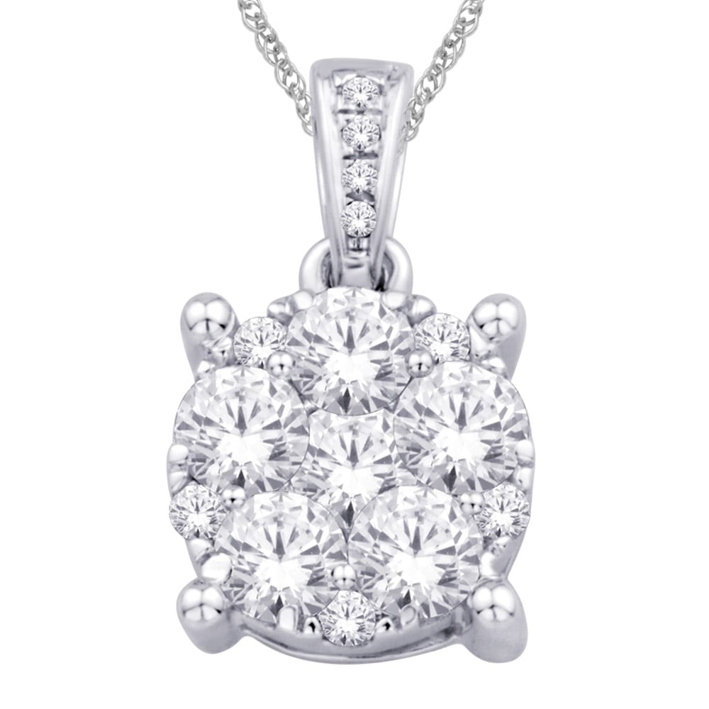 14K White Gold 1/3 Ct.Tw. Diamond Flower Pendant: 14K White Gold 1/3 Ct.Tw. Diamond Flower Pendant Crafted in 14K white gold, this polished cluster floral design is studded with a round cut shimmering diamonds of 1/3 Ct.Tw. The Pendant Suspended With