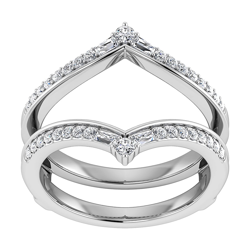 Diamond 1/3 Ct.Tw. Chevron Guard Ring in 14K White Gold: Diamond 1/3 Ct.Tw. Chevron Guard Ring in 14K White Gold 14k White Gold Stone Color: G-h Stone Clarity: I1 Each ring is presented in standard size 6.5. Complimentary resizing is available between sizes