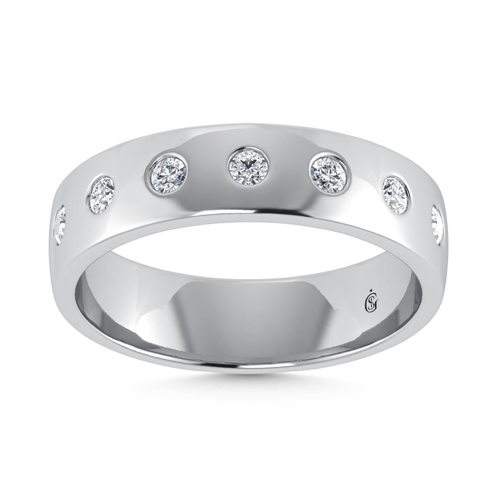 14K White Gold Diamond 1 Ct.Tw. Bezel Set Mens Machine Band: 14K White Gold Diamond 1 Ct.Tw. Bezel Set Mens Machine Band 14k White Gold Stone Color: G-h Stone Clarity: Si2 Each ring is presented in standard size 6.5. Complimentary resizing is available between 