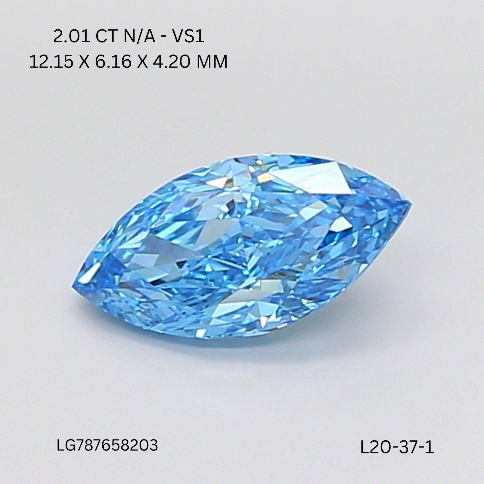 Loose Diamond - MARQUISE 2.01ct Fancy Vivid Blue VS1: Loose Diamond - MARQUISE 2.01ct Fancy Vivid Blue VS1 Source: This is a real non-mined Diamond that has been grown in a lab Shape: MARQUISE Carats: 2.01 Color: Fancy Vivid Blue Certification: IGI Video
