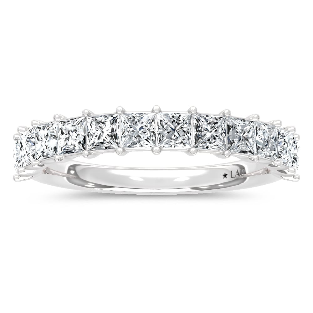 14K White Gold Lab Grown Diamond 1 3/4 Ct.Tw. Princess Band: 14K White Gold Lab Grown Diamond 1 3/4 Ct.Tw. Princess Band 14k White Gold Stone Color: D-f Stone Clarity: Vs Each ring is presented in standard size 6.5. Complimentary resizing is available between s