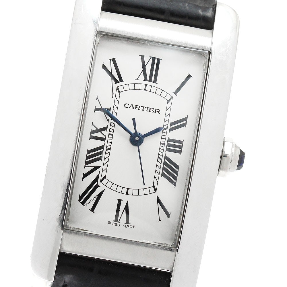 Cartier Tank Americaine MM Automatic Silver Leather Wristwatch: Cartier Tank Americaine MM Automatic Silver Leather Wristwatch This is a pre-owned Cartier Tank Americaine MM WSTA0017 wristwatch, featuring an automatic movement and a silver-tone case. The watch is 