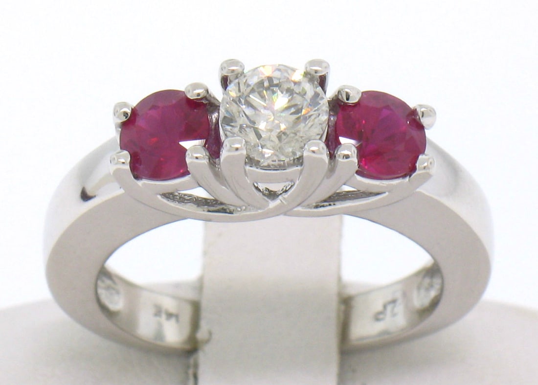 14k White Gold 3 Stone Engagement Ring with Diamond and Blood Red Rubies (1 of 7)