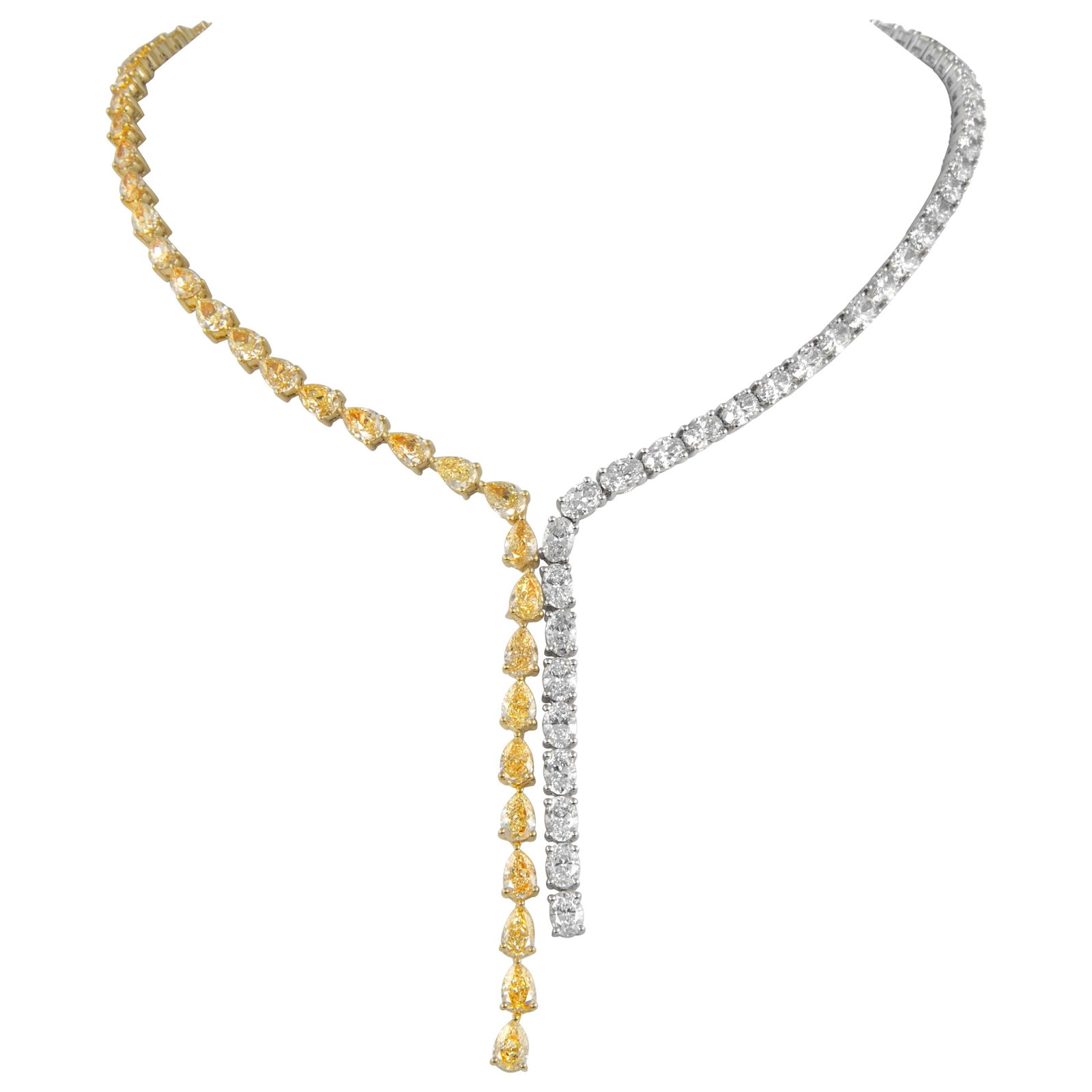 28.98ct Fancy Yellow Diamond Drop Necklace in 18k Gold: 28.98ct Fancy Yellow Diamond Drop Necklace in 18k Gold This exquisite 28.98 ct Fancy Yellow Diamond Drop Necklace is crafted from 18k gold, featuring a stunning pear-shaped fancy yellow diamond elegan