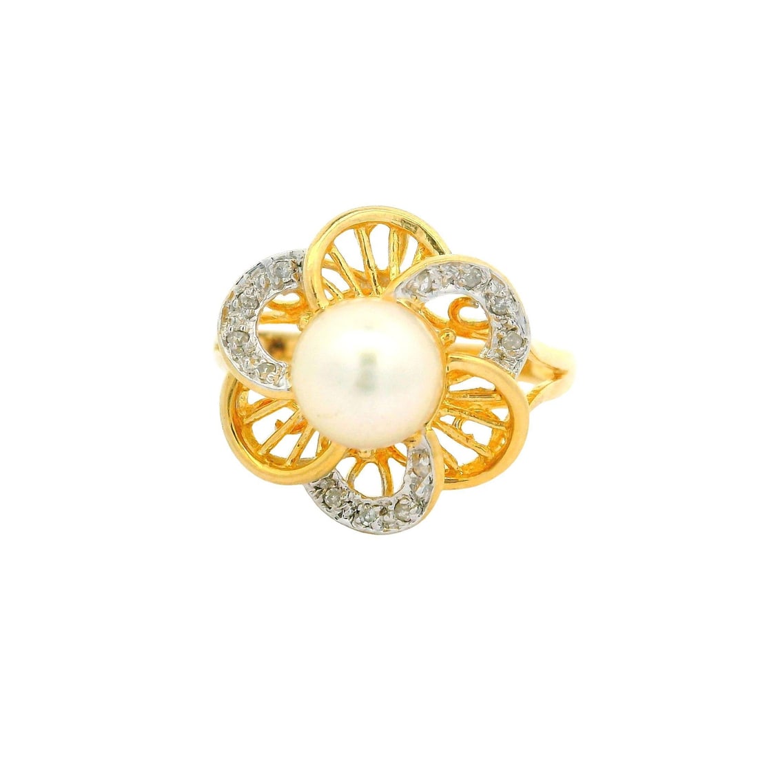 14k Yellow Gold Pearl and Diamond Flower Cocktail Ring: 14k Yellow Gold Pearl and Diamond Flower Cocktail Ring This stunning cocktail ring features an exquisite open work flower design crafted from solid 14k yellow gold, showcasing a beautiful round cultur