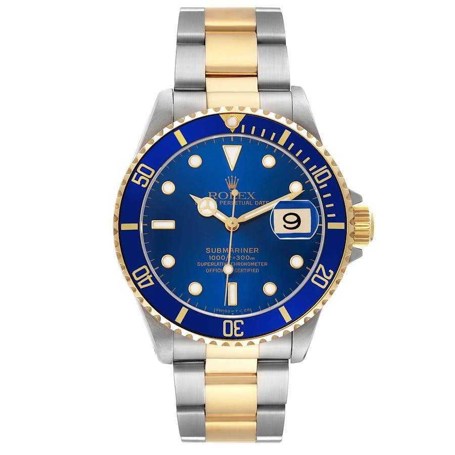 Rolex Submariner 16613 Blue Dial Oyster Bracelet Papers: Rolex Submariner 16613 Blue Dial Oyster Bracelet Papers This Rolex Submariner features a striking blue dial and is equipped with an aluminum bezel and an Oyster bracelet. The watch is a men's model, r