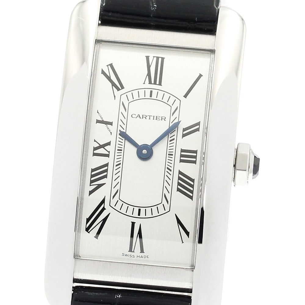 Cartier Tank Americaine SM Women Quartz Leather Strap Watch: Cartier Tank Americaine SM Women Quartz Leather Strap Watch This Cartier Tank Americaine SM WSTA0082 wristwatch features a silver dial, stainless steel case, and a leather strap. Designed for women, t