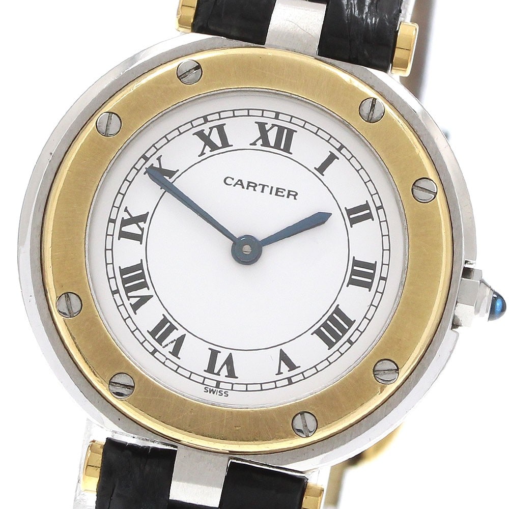 Cartier Santos Round SM Quartz Ladies Watch White Dial YG Bezel: Cartier Santos Round SM Quartz Ladies Watch White Dial YG Bezel This is a Cartier Santos Round Small Model women's wristwatch featuring a yellow gold bezel and a white dial. The watch is powered by a 