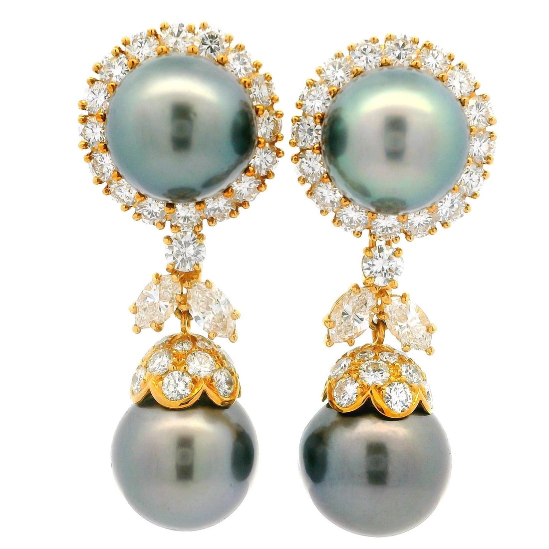 Elegant 18k Yellow Gold GIA Tahitian Pearl Diamond Dangle Earrings: Elegant 18k Yellow Gold GIA Tahitian Pearl Diamond Dangle Earrings Elevate your elegance with these stunning drop dangle earrings, crafted from solid 18k yellow gold. Featuring four genuine cultured T