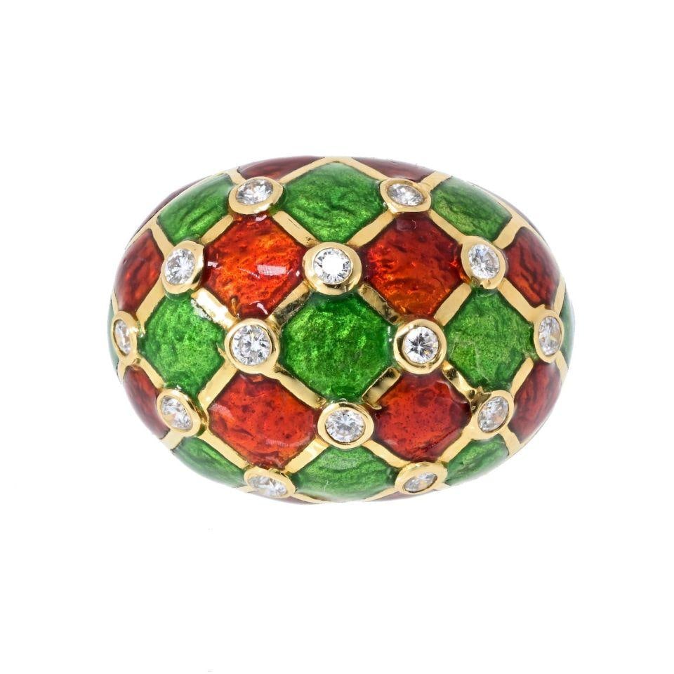 Checkerboard Enamel 18K Yellow Gold Estate Ring Size 7.5: Checkerboard Enamel 18K Yellow Gold Estate Ring Size 7.5 This custom-made estate ring features a striking checkerboard design crafted from 18K yellow gold with vibrant red and green enamel accents. Th