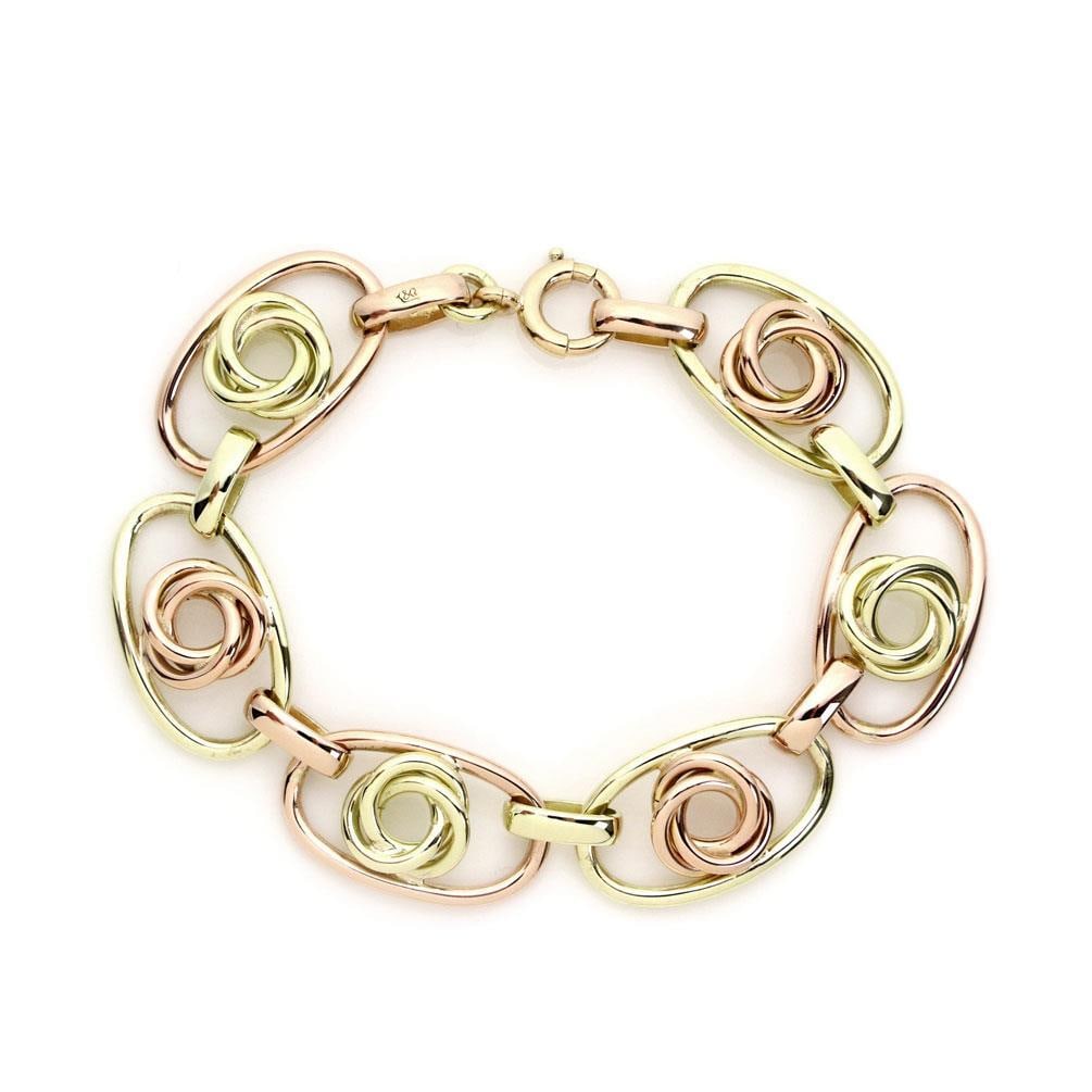 Elegant Vintage 14k Yellow Rose Gold Love Knot Bracelet 7.5in: Elegant Vintage 14k Yellow Rose Gold Love Knot Bracelet 7.5in This exquisite vintage bracelet showcases a unique design crafted from 14k yellow and rose gold. The bracelet features thick wire open ova
