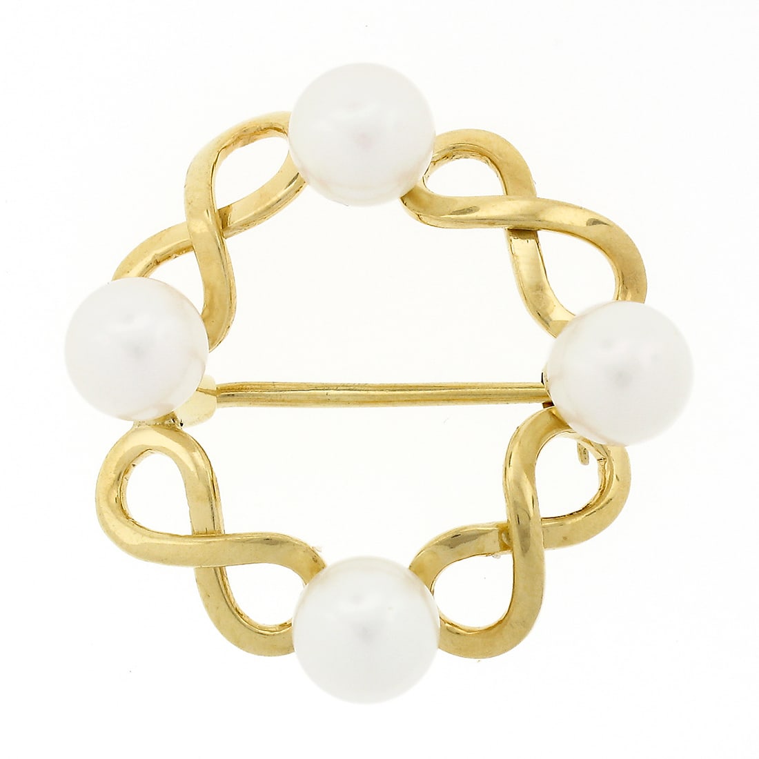 14k Yellow Gold Pearl Wreath Brooch with Infinity Motif: 14k Yellow Gold Pearl Wreath Brooch with Infinity Motif This vintage brooch is crafted from solid 14k yellow gold and features an elegant open wreath design with alternating infinity motifs and four r