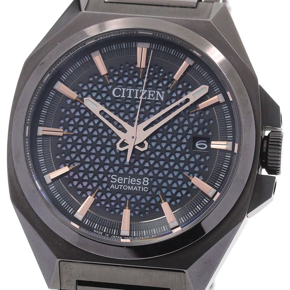 Citizen Series Eight automatic date men's stainless steel watch: Citizen Series Eight automatic date men's stainless steel watch This CITIZEN Series Eight Date Automatic men's wristwatch features a stainless steel case and bracelet, with a distinctive black and she