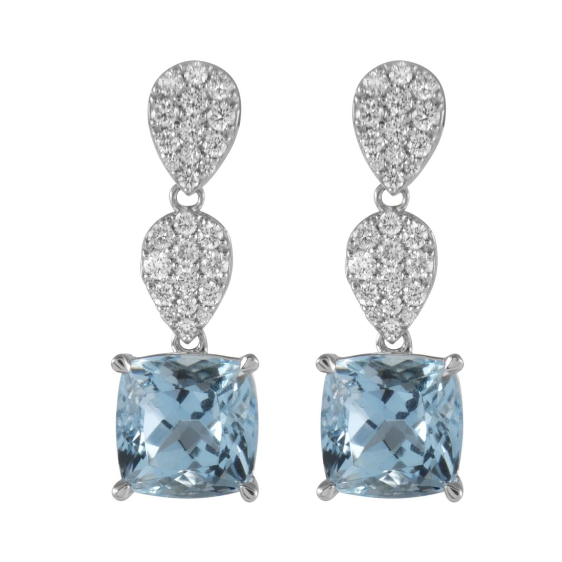 4.36ct Aquamarine Diamond Earrings 18k White Gold GIA Certified: 4.36ct Aquamarine Diamond Earrings 18k White Gold GIA Certified Stunning aquamarine and diamond drop earrings crafted in 18k white gold. Featuring two cushion-cut aquamarines, one of which is GIA cert
