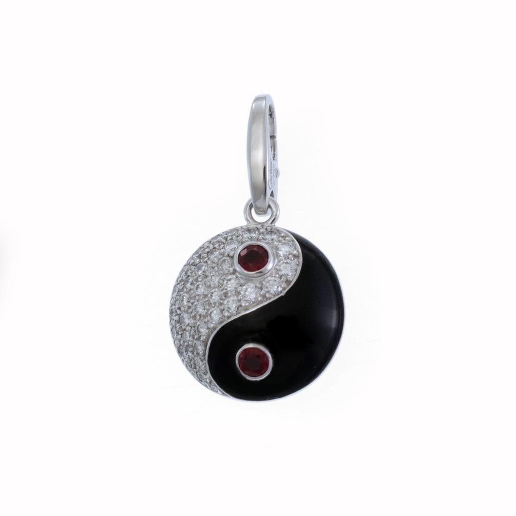 Cartier Ying Yang 18k White Gold Diamond Ruby Clip Pendant: Cartier Ying Yang 18k White Gold Diamond Ruby Clip Pendant This exquisite charm or pendant from Cartier's Ying Yang Collection showcases a unique dome button shape crafted from 18k white gold. One sid