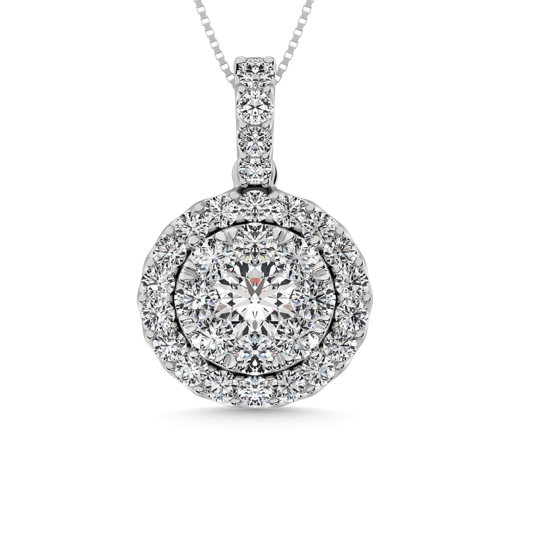 14K White Gold 2 Ct.tw Diamond Fashion Pendant: 14K White Gold 2 Ct.tw Diamond Fashion Pendant This double frame fashion pendant showcases round diamond of 2 Ct.Tw. in prong setting. 14k White Gold Stone Color: Gh Stone Clarity: Si1 Unless otherwis