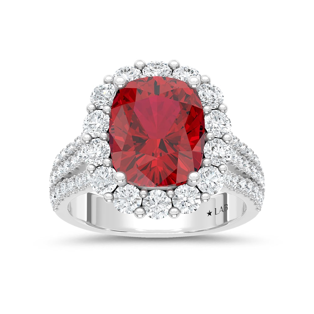 14K White Gold Lab Grown Diamond 7 Ct.Tw. Cushion Shape Recrystalized Ruby Engagement Ring (Center 5: 14K White Gold Lab Grown Diamond 7 Ct.Tw. Cushion Shape Recrystalized Ruby Engagement Ring (Center 5 1/2 ct) Exude timeless elegance with this 14K white gold engagement ring. Its centerpiece is a stun