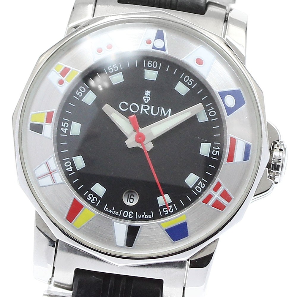 Corum Admiral's Cup Quartz Date Women's Stainless Steel Watch 039.430.20: Corum Admiral's Cup Quartz Date Women's Stainless Steel Watch 039.430.20 This Corum Admiral's Cup Date Quartz women's wristwatch features a stainless steel case and a black dial, complemented by a sta