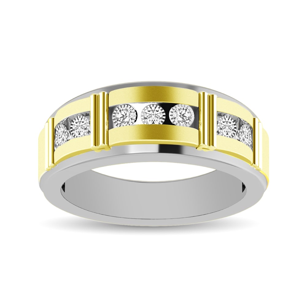 10K Two Tone 1/10 Ct.Tw. Diamond 7 stone Mens Band: 10K Two Tone 1/10 Ct.Tw. Diamond 7 stone Mens Band This glamorous Men?s Band is available in 10K White Gold and Yellow Gold. There are 7 round diamonds with a total carat weight of 1/10 Ct.Tw. set in 