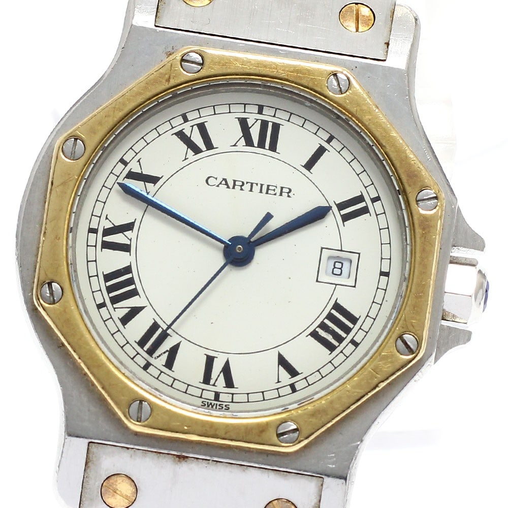 Cartier Santos Octagon LM Automatic Mens Wristwatch YG Bezel: Cartier Santos Octagon LM Automatic Mens Wristwatch YG Bezel This is a pre-owned Cartier Santos Octagon LM wristwatch featuring a yellow gold bezel and automatic movement. Designed for men, this Swiss