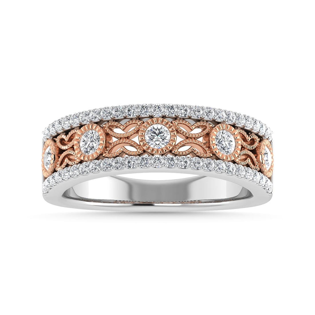Diamond 1/2 Ct.Tw. Fashion Band in 14K Two Tone: Diamond 1/2 Ct.Tw. Fashion Band in 14K Two Tone 14k Two Tone Stone Color: G-h Stone Clarity: I1 Each ring is presented in standard size 6.5. Complimentary resizing is available between sizes 510 (in 1