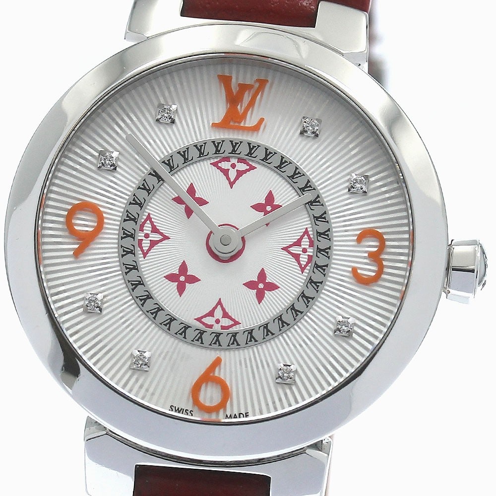 Louis Vuitton QA146Z Tambour PM Women's Quartz Watch 8P Diamond: Louis Vuitton QA146Z Tambour PM Women's Quartz Watch 8P Diamond Pre-owned Louis Vuitton Tambour PM wristwatch with a monogram design in fuchsia and orange. This women's quartz watch is identified by m