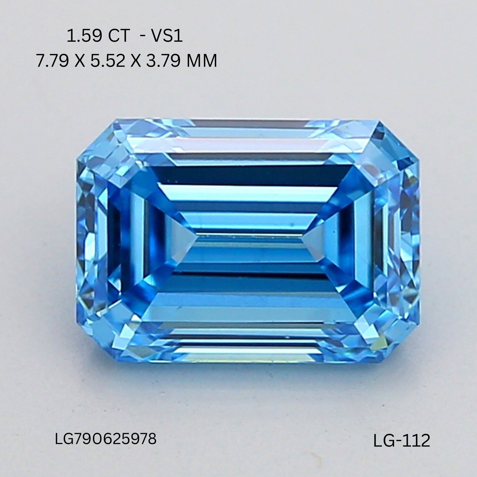 Loose Diamond - EMERALD 1.59ct Fancy Vivid Blue VS1: Loose Diamond - EMERALD 1.59ct Fancy Vivid Blue VS1 Source: This is a real non-mined Diamond that has been grown in a lab Shape: EMERALD Carats: 1.59 Color: Fancy Vivid Blue Certification: IGI Video: