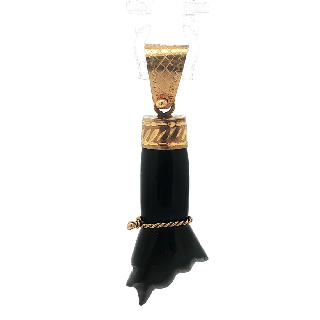 Vintage 10k Yellow Gold Large Black Mano Figa Charm Pendant: Vintage 10k Yellow Gold Large Black Mano Figa Charm Pendant This vintage charm pendant features a striking large black Mano Figa design, crafted from solid 10k yellow gold with a 14k yellow gold bail 