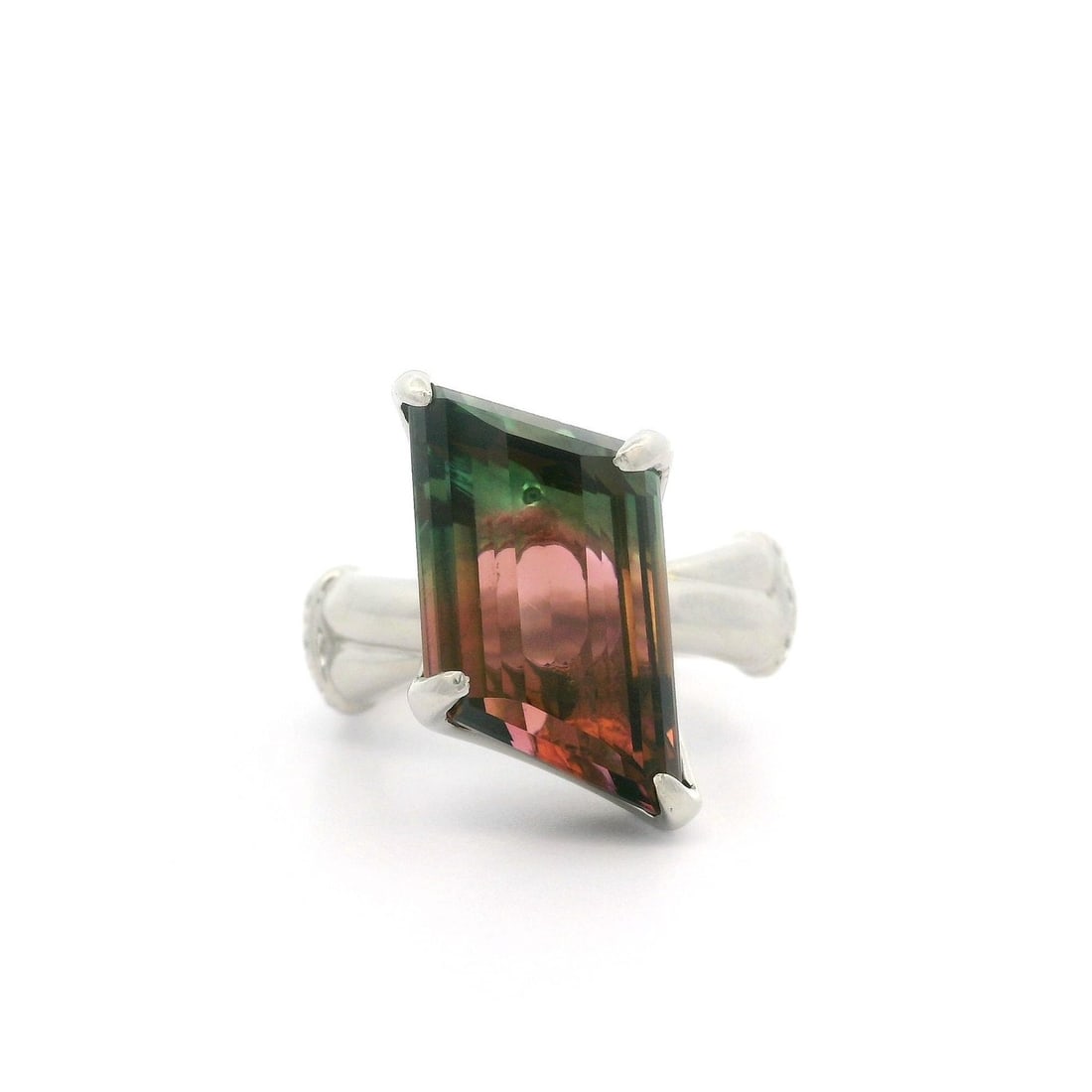Platinum Watermelon Tourmaline Diamond Cocktail Ring Size 5.5: Platinum Watermelon Tourmaline Diamond Cocktail Ring Size 5.5 This statement ring features a uniquely shaped, natural watermelon tourmaline weighing exactly 10.00 carats, showcasing a striking green t