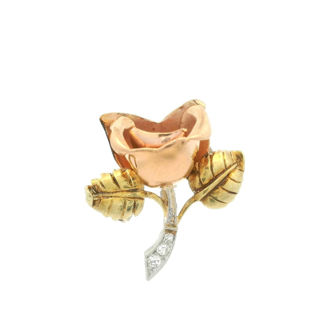 Vintage Retro Diamond Rose Flower Brooch in Rose Gold & Platinum: Vintage Retro Diamond Rose Flower Brooch in Rose Gold & Platinum This exquisite vintage brooch features a beautiful rose flower design crafted from solid rose gold and green gold, complemented by a pl