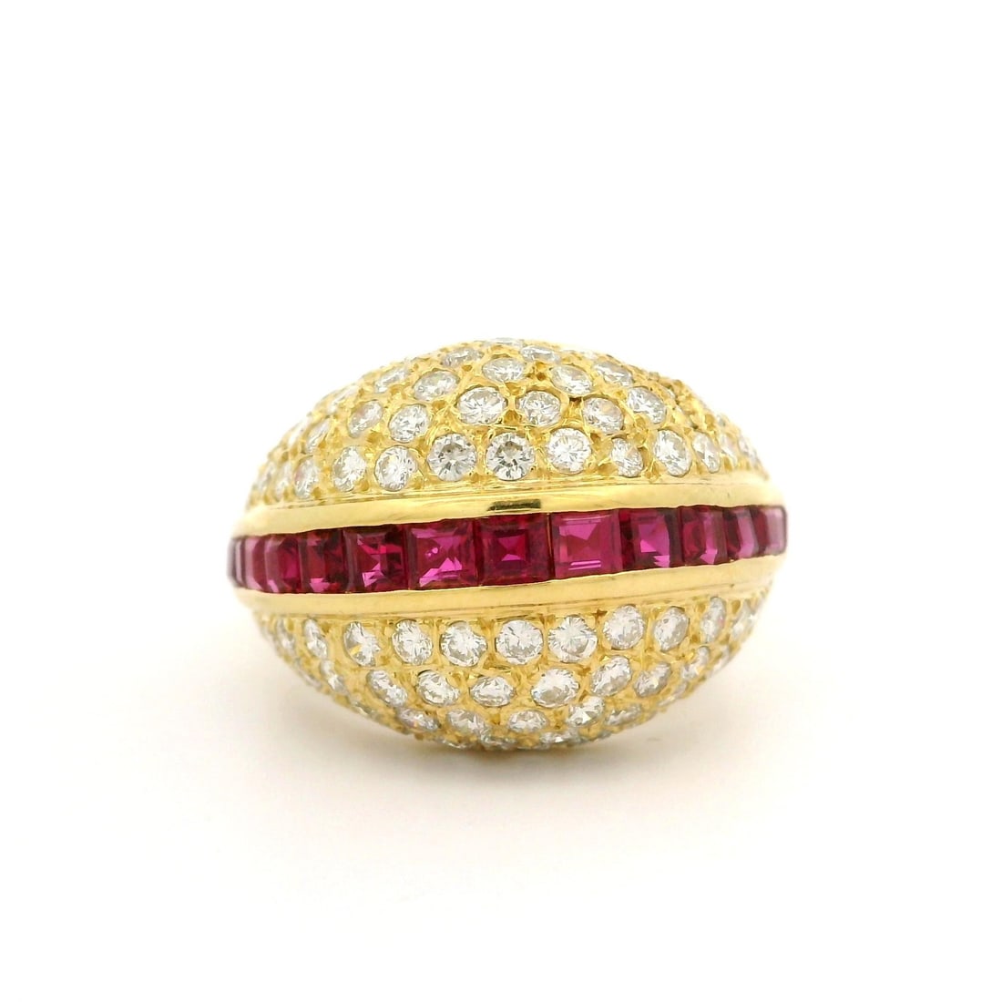 18k Yellow Gold Ruby Pave Diamond Dome Cocktail Band Ring: 18k Yellow Gold Ruby Pave Diamond Dome Cocktail Band Ring This exquisite domed cocktail bombe band ring showcases a stunning combination of vibrant rubies and shimmering diamonds, set in luxurious 18k