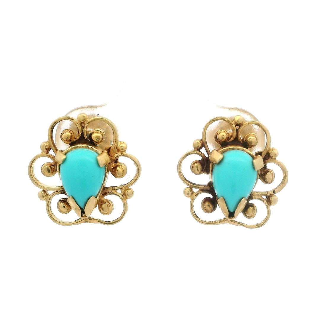 Vintage 14k Yellow Gold Floral Turquoise Cabochon Stud Earrings: Vintage 14k Yellow Gold Floral Turquoise Cabochon Stud Earrings These exquisite vintage stud earrings feature a stunning open floral design crafted from solid 14k yellow gold. Each earring is adorned 
