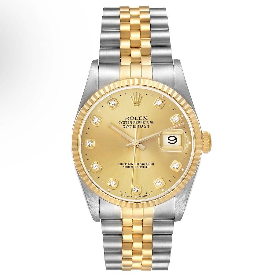 Rolex Champagne Diamond Dial Datejust Ref 16233 D Link Jubilee with Papers 1995: Rolex Champagne Diamond Dial Datejust Ref 16233 D Link Jubilee with Papers 1995 This Rolex Datejust watch, reference 16233, features a champagne diamond dial and a fluted bezel. It comes with a D-Link