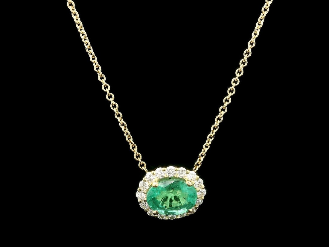 New 18k Gold 1.82ct Oval Emerald Diamond Halo Pendant Necklace: New 18k Gold 1.82ct Oval Emerald Diamond Halo Pendant Necklace Adorn yourself with this stunning 18k gold necklace featuring a captivating oval emerald at its center, surrounded by a dazzling diamond 