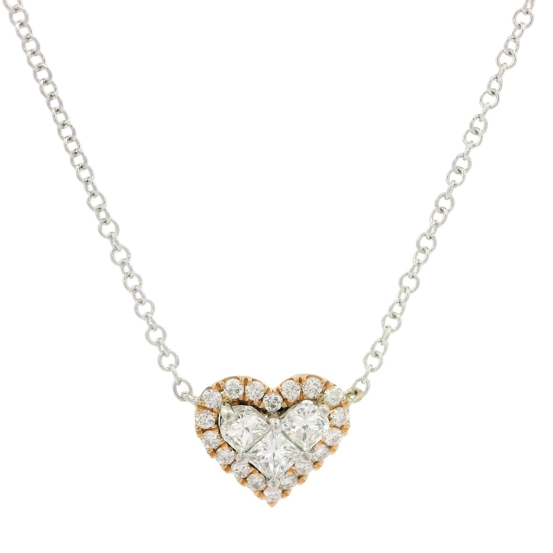 Adjustable 18k White Rose Gold 0.38ct Diamond Heart Necklace: Adjustable 18k White Rose Gold 0.38ct Diamond Heart Necklace This stunning necklace features a heart-shaped pendant crafted from solid 18k white and rose gold, showcasing a total of 0.38 carats of nat
