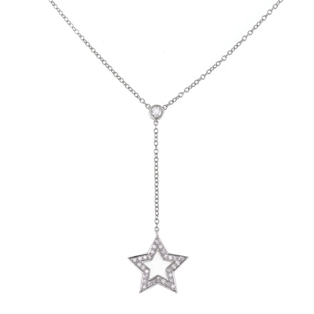 Tiffany & Co. Diamond Lariat Star Pendant Platinum Necklace: Tiffany & Co. Diamond Lariat Star Pendant Platinum Necklace Presenting a stunning Tiffany & Co. Diamond Platinum Lariat Star Pendant & Chain. This elegant necklace showcases a lariat design featuring 