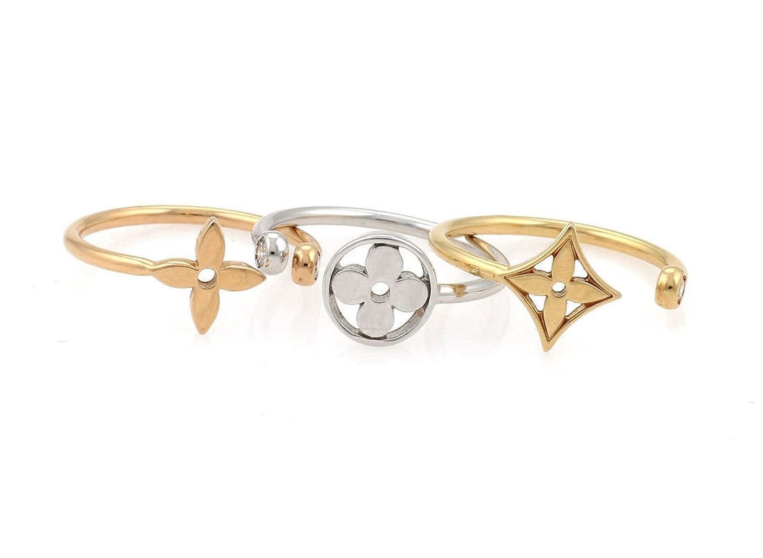 Louis Vuitton Idylle Blossom diamond ring in 18k tri color gold size 6: Louis Vuitton Idylle Blossom diamond ring in 18k tri color gold size 6 Louis Vuitton Idylle Blossom ring in 18k white, yellow, and rose gold with approximately 0.10 ct total diamond weight. The design
