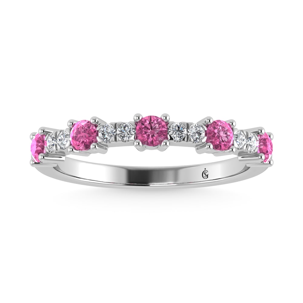 14K White Gold Diamond 5/8 Ct. Tw. Alternate Diamond and Pink Sapphire Stackable Band: 14K White Gold Diamond 5/8 Ct. Tw. Alternate Diamond and Pink Sapphire Stackable Band 14k White Gold Stone Color: G-h Stone Clarity: Si3 Each ring is presented in standard size 6.5. Complimentary resi