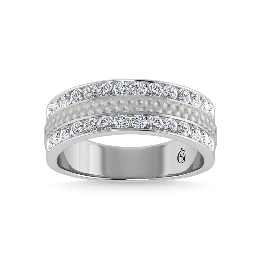 14K White Gold Diamond 1 Ct.Tw. With Mens Machine Band: 14K White Gold Diamond 1 Ct.Tw. With Mens Machine Band 14k White Gold Stone Color: G-h Stone Clarity: I1-i2 Each ring is presented in standard size 6.5. Complimentary resizing is available between siz