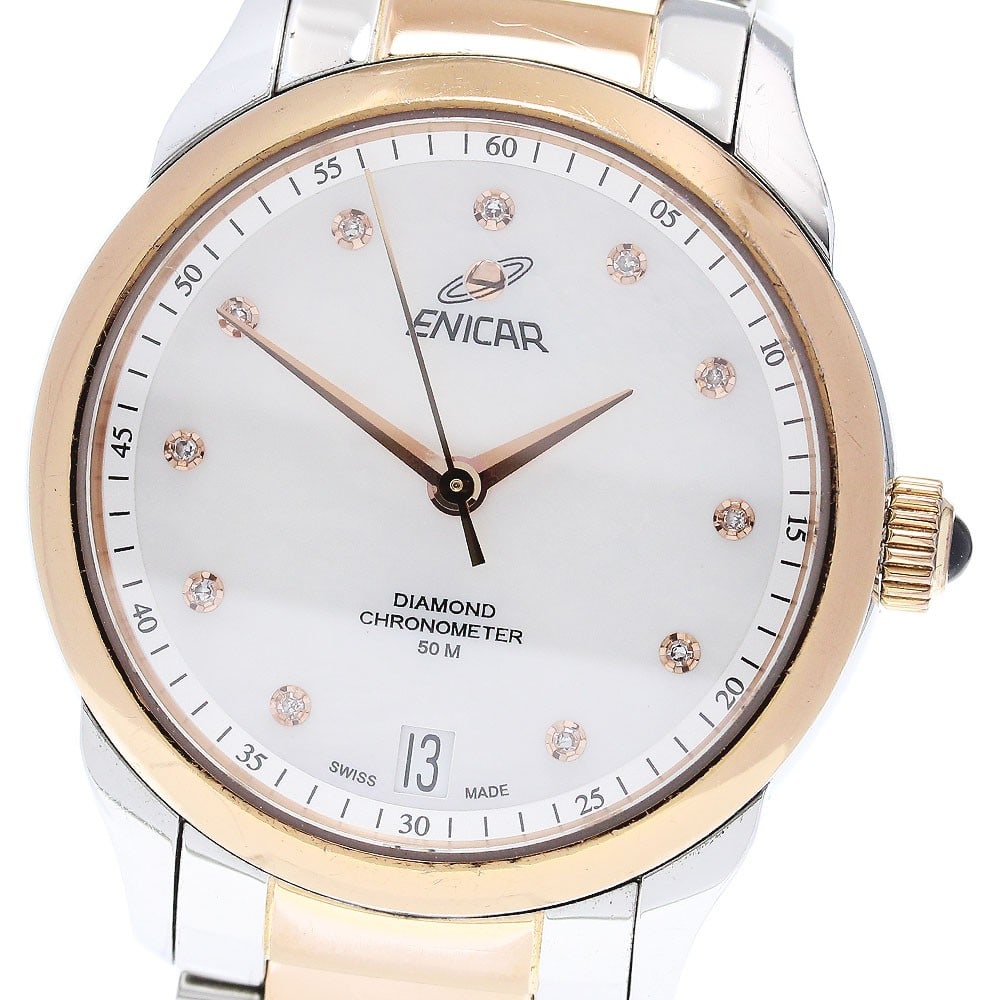ENICAR automatic ladies wristwatch white shell dial date 32mm: ENICAR automatic ladies wristwatch white shell dial date 32mm This ENICAR women's wristwatch features a stainless steel case and bracelet with a white shell dial. The watch operates with an automatic 