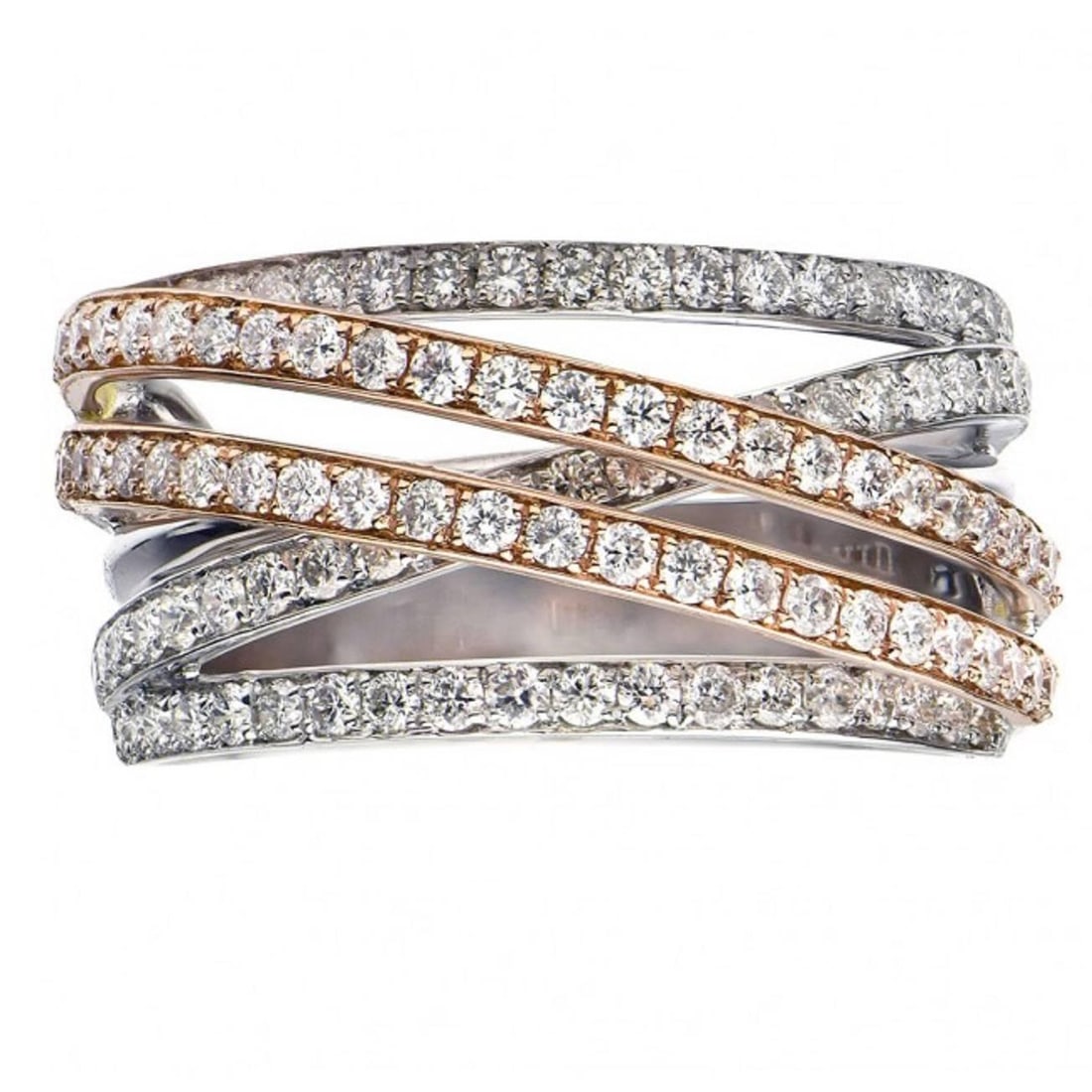 18K Two-Tone Diamond Crossover Fashion Ring 1.07 Cts: 18K Two-Tone Diamond Crossover Fashion Ring 1.07 Cts This stunning two-tone crossover fashion ring is crafted from 18k gold, featuring a modern design that elegantly blends white and rose gold. Set wi