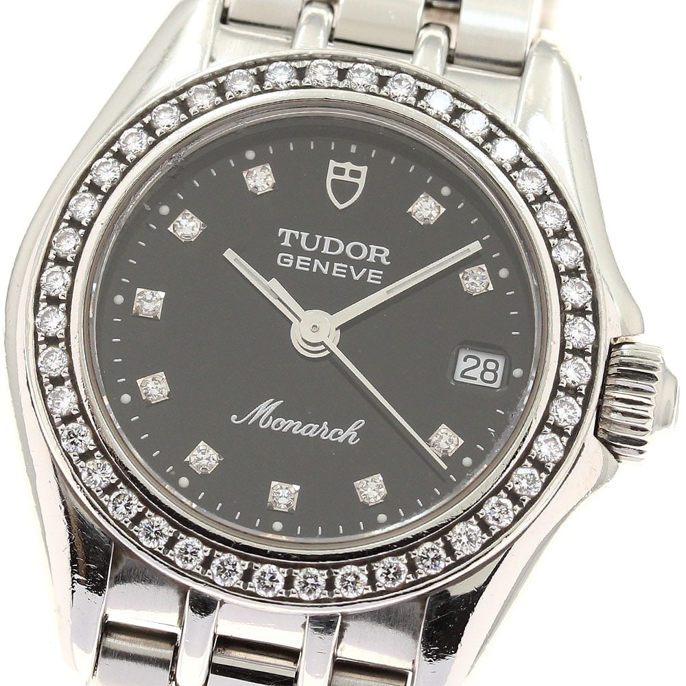 TUDOR Monarch 15810 Womens Quartz Wristwatch Diamond Bezel 10P Dial: TUDOR Monarch 15810 Womens Quartz Wristwatch Diamond Bezel 10P Dial TUDOR 15810 Monarch diamond bezel quartz women's wristwatch. This pre-owned watch is identified as a Swiss-made TUDOR piece and feat